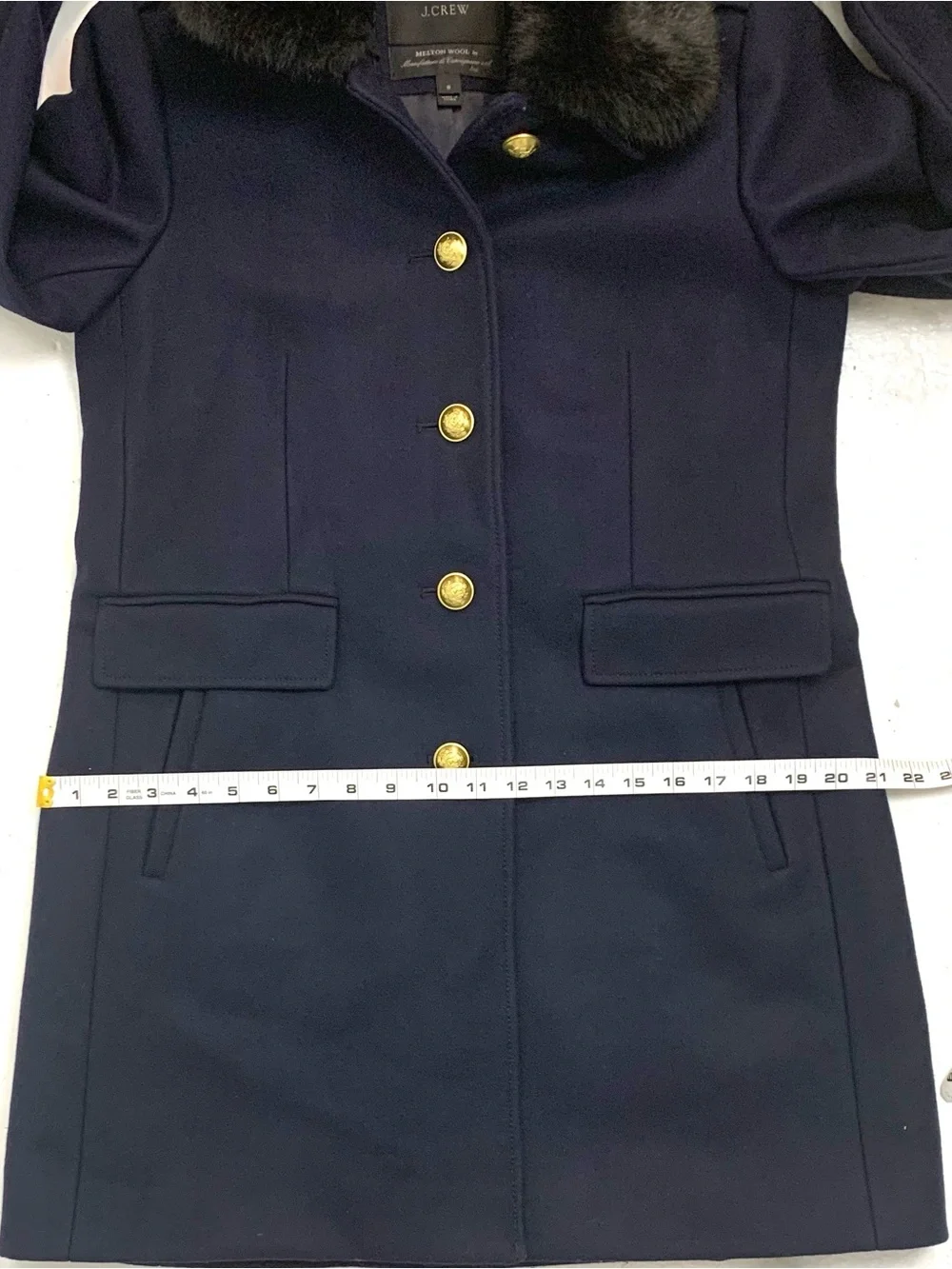 J Crew Women 8 Melton Wool Coat Faux Fur Collar Gold Crest Buttons Navy Overcoat